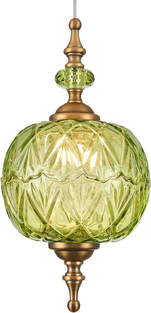 Antique Green Pendant Light Fixtures Delicate Decorative Pattern 6.3 inches Glass Ceiling Pendant Lighting for Kitchen Island Dining Room with Original Vintage Design