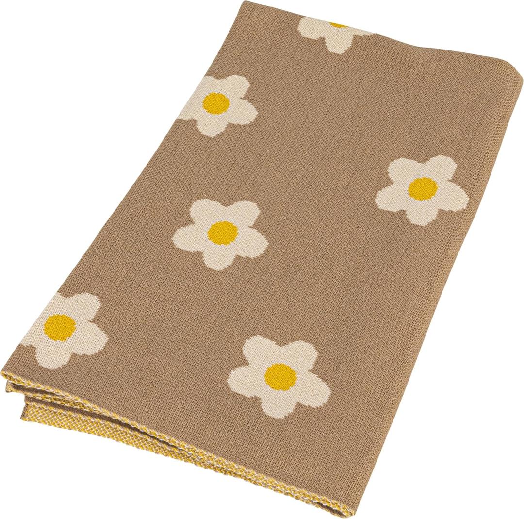 Creative Co-Op Cotton Knit Baby Blanket with Printed Flowers, Brown and White