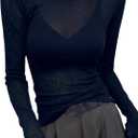 RoseSeek Women's See Through Mesh Tops Crew Neck Long Sleeve Basic Shirts Sheer Tight Tees (L)