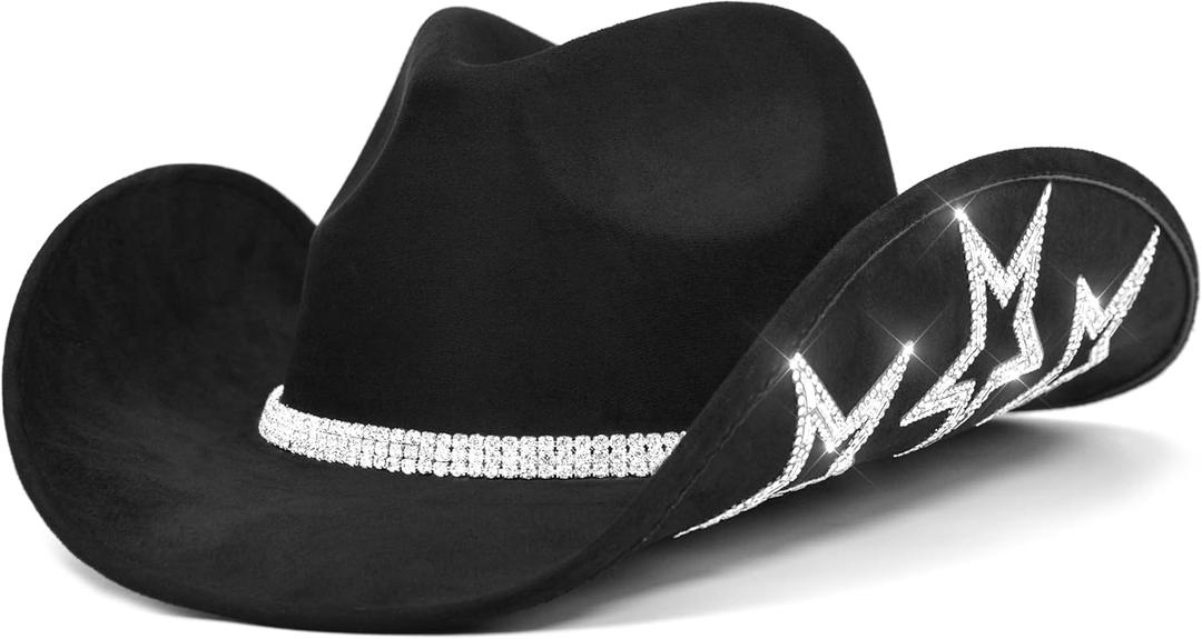Keilin Rhinestone Cowgirl Hat Disco Cowboy Hat Felt Western Nashville Bachelorette Party Hat for Teens and Adults (6 3/4-7 3/8, Black)