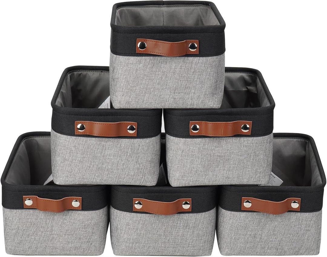 Small Storage Basksts with PU Handle - 12*8*6 inch Decorative Fabric Storage Bins, Foldable Linen Closet Cubes, Organizer Container for Home, Shelves, Nursery, Dorm, Gift (Gray&Black)