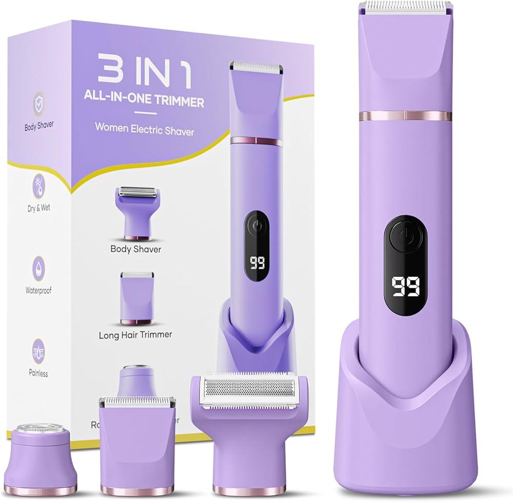 Bikini Trimmer for Women,5in1 Electric Razors for Women,Electric Shaver for Women's,IPX7 Waterproof Trimmer for Men Legs,with 5 Replaceable Blade Heads,USB Recharge Dock（Purple）