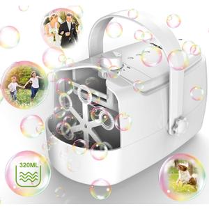 Bubble Machine, Automatic 18000+ Per Minute Big Bubbles Blower Maker for Kids Toddlers with 2 Speeds,6 Wands,Operated by Plugin or Batteries for Outdoor/Indoor Birthday Parties,Wedding (White)