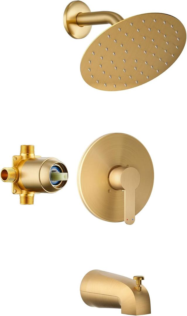 Tub Shower Faucet, Brushed Gold Shower Faucet Set with 8-Inch All-Metal Rainfall Showerhead and Bathtub Spout, Single-Handle Tub Shower-Trim Kit Included Valve, Brushed Gold