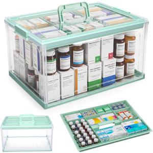Hushee 24qt Clear Medicine Organizer Storage Box Plastic First Aid Box Empty with Removable Tray and Handle Portable Collapsible Medical Supply Container for Home, Travel, Emergency Use