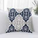 HWY 50 Navy Blue Decorative Throw Pillow Covers 18x18 Inch (1 Piece), Embroidered Cotton Farmhouse Cushion Cover Pillow Case for Sofa Couch Living Room Bed Bedroon, Floral Geometric (Navy Blue and Light Gray)