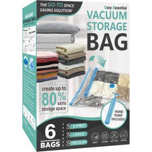 Cozy Essential Vacuum Storage Bags, 80% Compression Vacuum Seal Space Saver Plastic Packaging Bags for Clothes, Blankets, Pillow, Bedding, Comforters, Sealer Clothing Storage,6 Combo