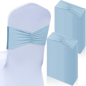 Moukeren 50 Pcs Spandex Chair Sashes Bows Stretch Chair Bands Slider Sashes Elastic Ties Ribbon Covers for Wedding Party Events Ceremony Birthday Banquet Decorations(Sky Blue)