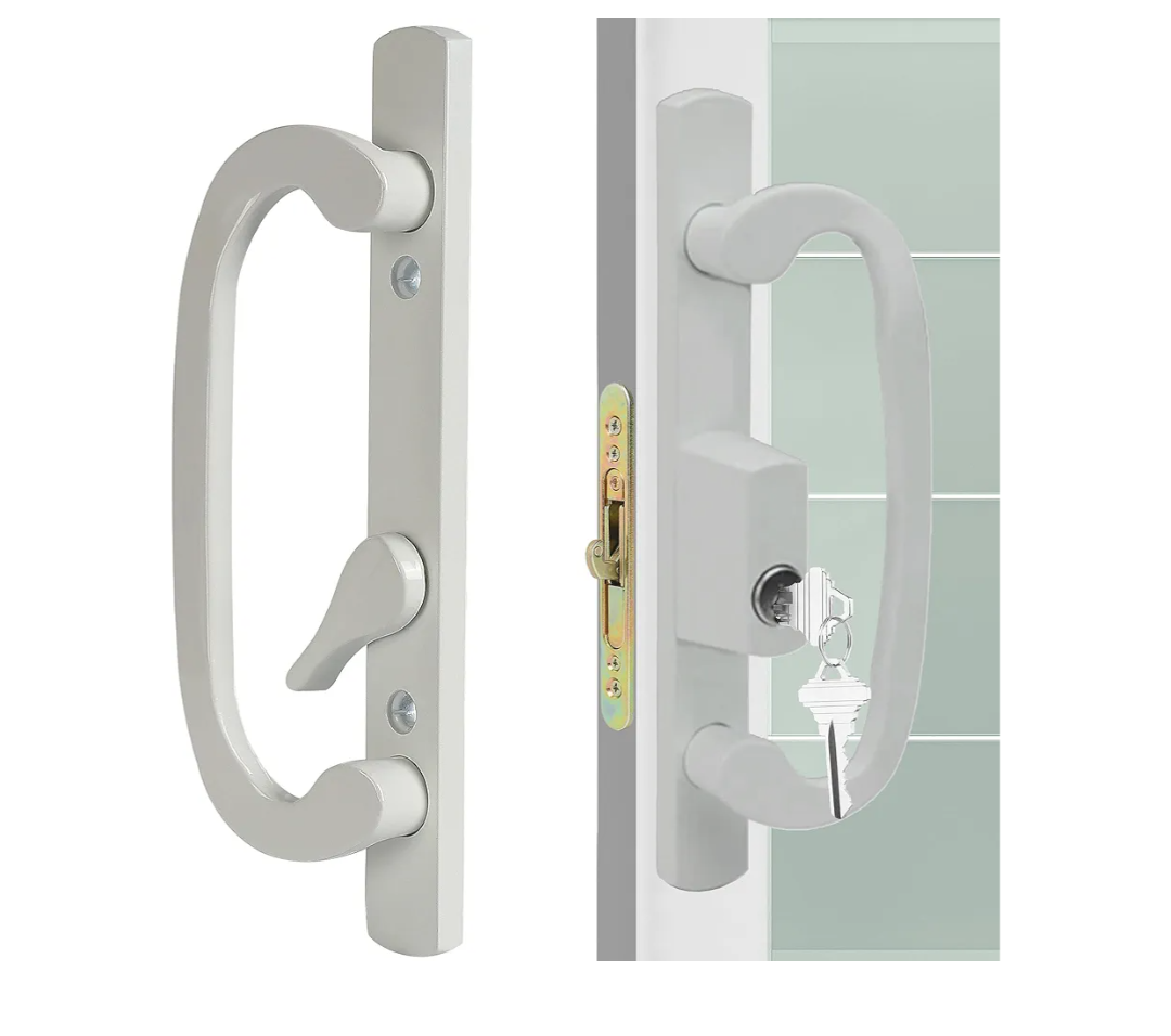 ACEPLANET Offset Position Keyed Sliding Patio Door Handleset with Mortise Lock, 45° Keyway, 3-15/16" H.C., Fits 1-3/8" to 2" Thick Doors, Non-Handed, White Diecast