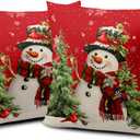 Wnoesat Snowman Christmas Red Throw Pillow Covers 18x18 Set of 2 Winter Snow Snowman Pine Tree Bird Print Decorative Outdoor Pillow Cases Xmas Farmhouse Pillowcase Winter Holiday Decor for Home Couch
