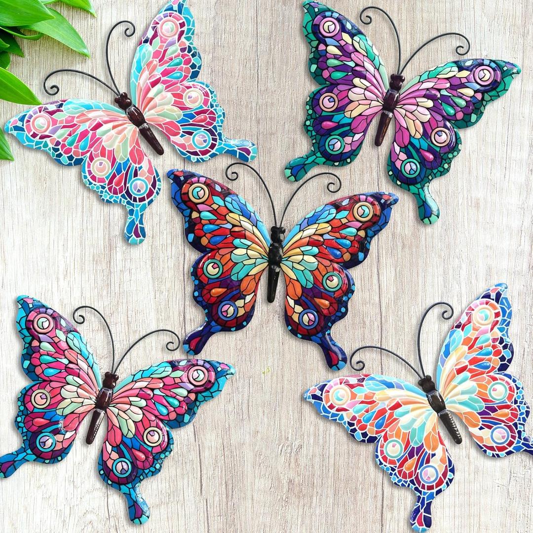 OAGluminix 5 Pack Butterfly Outdoor Metal Wall Art, Stained Glass Waterproof Metal Wall Decor for Outside Fence Garden Yard Patio, Hanging 11 inch Large Wall Art Gifts for for Women Grandma Mom