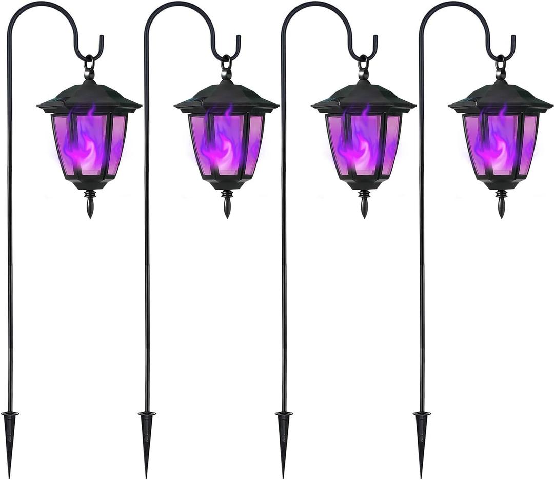 Dynaming 4 Pack Solar Halloween Flame Hanging Lights Outdoor, Flickering Flame LED Garden Lanterns with 4x38 Inch Shepherd Hooks, Landscape Lighting Waterproof for Lawn Yard Pathway Driveway, Purple