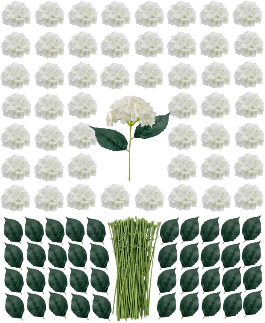 YFLIUBAI Artificial White Hydrangea Flowers with Leaves, 50 Pack, 6 Inch Silk Flower Heads, DIY Mother's Day Wedding Decor Set with 100 Leaves, 50 Stems