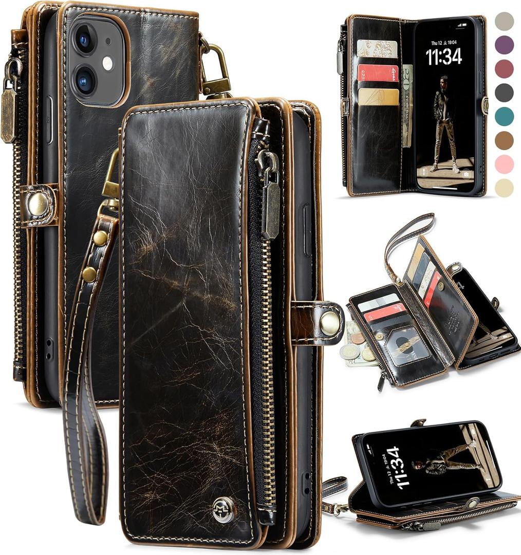 Defencase Compatible with iPhone 11 Case Wallet with RFID Blocking Card Holder for Women and Men, Fashion PU Leather Magnetic Snap Flip Zipper Strap Wallet Phone Case Fit for iPhone 11 6.1", Coffee