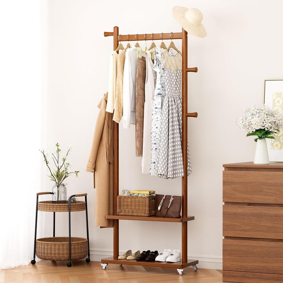 Taitiy Coat Rack Freestanding Clothing Rack with Wheels & 2 Shelves Storage & 5 Hooks Heavy Duty Clothes Rack Wood Coat Tree Stand Hat Hanger Rack for Corner Bedroom Entryway Living Room Hotel, L: 23.6" x W: 11.8" x H: 70.9" (With Wheels)