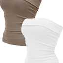 OLCHEE Womens 2PK Tube Tops Off Shoulder Seamless Ribbed Strapless Sleeveless Side Ruched Slim Fitted Summer Going Out Top (Small, White + Khaki)