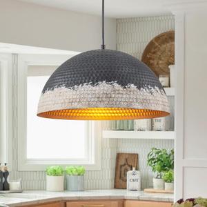 Y'INSP Farmhouse Dome Pendant Light, 15.74" Black White Hammered Metal Hanging Light, Adjustable Height E26 Base 60W, Vintage Pendant Lighting for Kitchen Island Dining Room Bedroom Hallway Entryway, 15.75in
