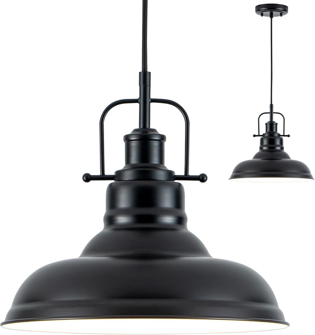 Zlepmlla Famrhouse Pendant Light, Black Pendant Light Fixture with Metal Dome Shade, Adjustable Height Hanging Light for Kitchen Island, Living Room, Bedroom