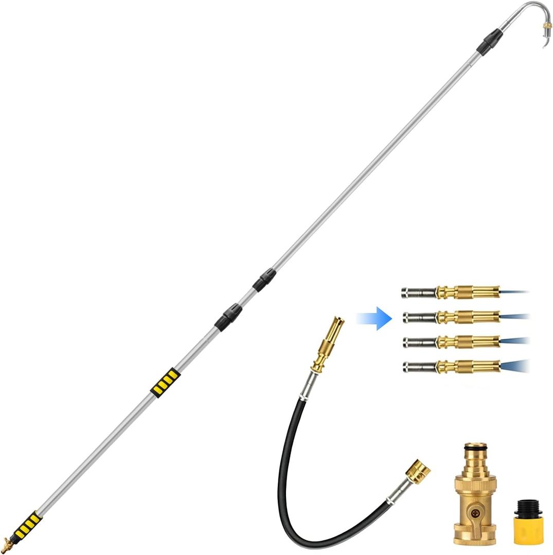 2-IN-1 24FT Reach Gutter Cleaning Tool, 16FT Gutter Cleaning Wand with Flexible Wand & Stainless Steel Curved Tube (360 Rotating Nozzle), Adjustable Spray, Brass Valve, Garden Hose Attachment