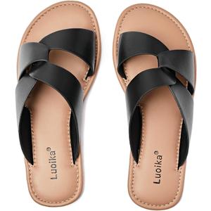Luoika Women's Wide Width Flat Slides Sandals, Strapy Slide Sandal Slip on Dressy Summer Shoes for Women. (10 X-Wide, Black 901)