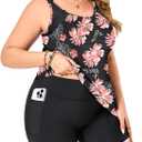 SOTHEA Plus Size Tankini Swimsuit for Curvy Women Bathing Suits Tummy Control Contrast Colors with Pockets Swim Shorts Black Pink Floral 14W