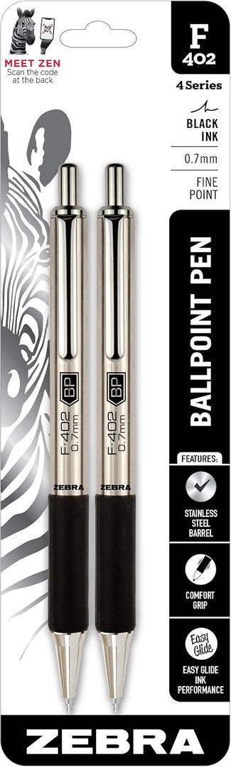 2 x Zebra Pen, STEEL F-402 Retractable Ballpoint Pens, 0.7mm Fine Point, Black Ink, Stainless Steel Barrel and Clip, Easy-Glide Ink, Comfort Grip, Refillable Pens for Office, School, 2-Pack (29212)