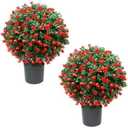 Zeyune 2 Pack 21.6" Artificial Rose Topiary Ball Tree, Outdoors Realistic Fake Shrub Faux Topiary Potted Plants UV Resistant for Home Garden Front Porch Office Decor