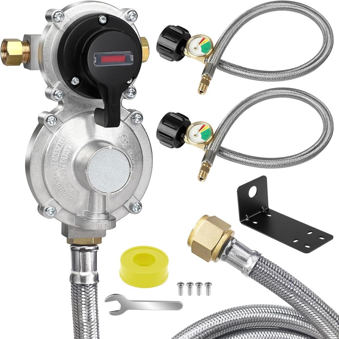 2-Stage Automatic Changeover LP Propane Gas Regulator with 2 Pack 18inchs RV Pigtail Propane Hoses with Gauge +1 Pack 48'' Stainless Braided Regulator Hose Assemblies. for Trailers, and Camper RVs
