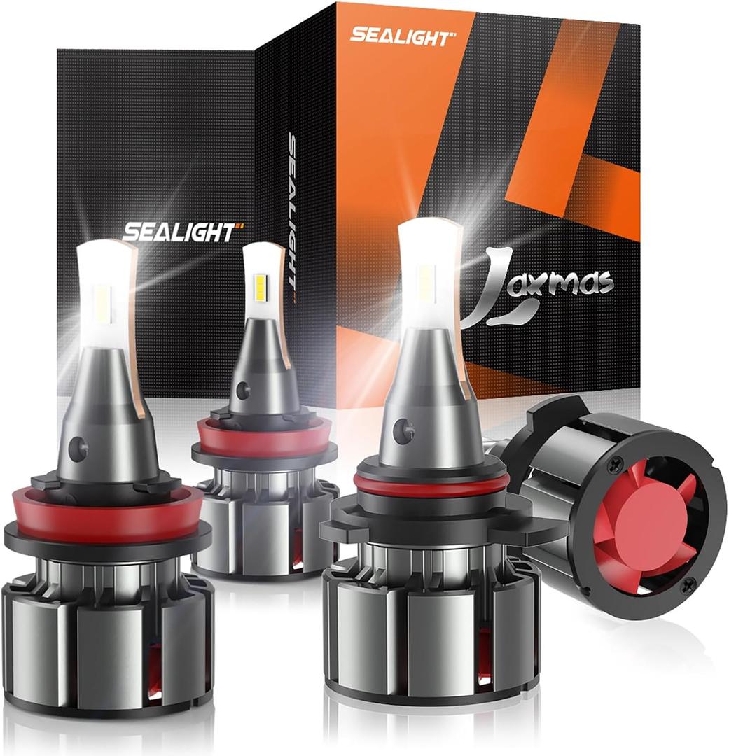 SEALIGHT 9005 H11 Bulbs Combo, 92000LM 800% Brightness 9005/HB3 High H11 High Low Beam Bulbs, 6000K Cool White with Silent Fan, IP68, 360 Adjustable, L2 Powersports Headlight Bulbs, Pack of 4