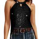 Aupuls Fringe Country Concert Outfits for Women Halter Sequin Disco Tops Sexy Party Top Black, X-Large