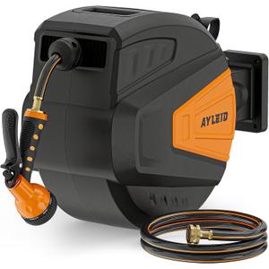 Ayleid Retractable Garden Hose Reel,1/2 in x 100 ft Wall Mounted Hose Reel, with 9- Function Sprayer Nozzle, Any Length Lock/Slow Return System/Wall Mounted/180Swivel Bracket (Black)