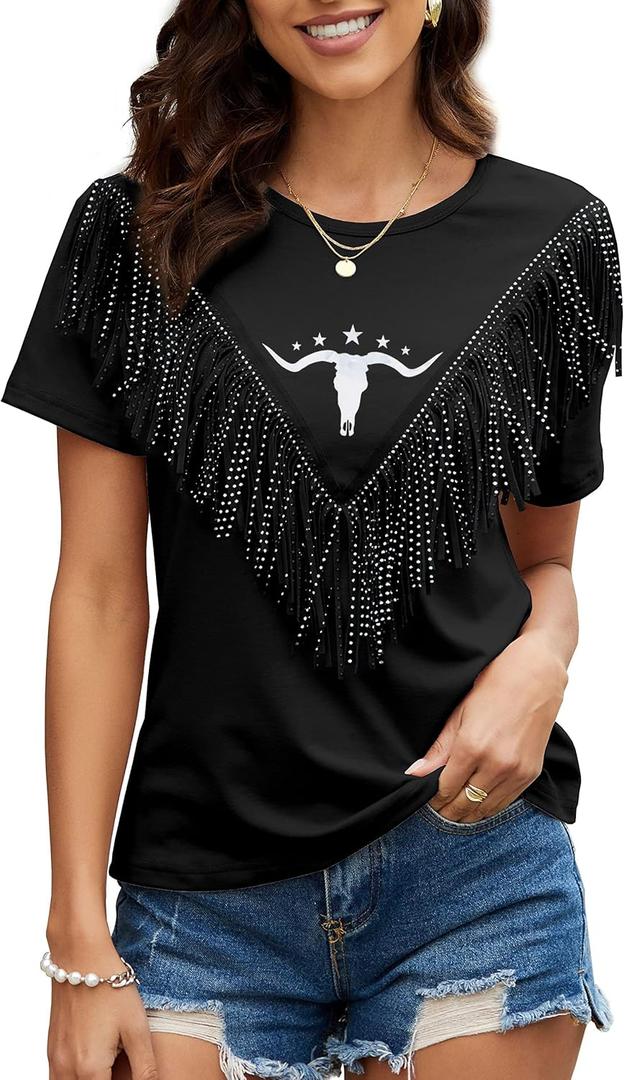 Boho Cow Skull Shirt Women Cowgirl t Shirt Vintage Western Rodeo Graphic Tee Short Sleeve Bull Skull Casual Top (Medium, Fringe-black)