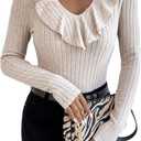 WDIRARA Women's Ruffled V Neck Ribbed Knit Tee Stretch Long Sleeve Sweater Casual Textured Tops, S
