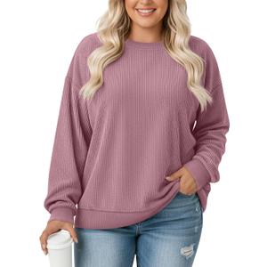 Women's Plus Size Sweatshirts Oversized Corduroy Long Sleeve Crew Neck Pullover Sweat Shirts Casual Loose Fit Tops (XX-Large, Pink)