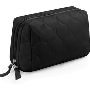 Travel Essentials Women's Makeup Bag, Lifestyle Products, Toiletries Organizer, Wide Mouth Fluffy Padded Women's Cosmetic Bag, Portable Large Capacity cosmetic organizer bag (black)