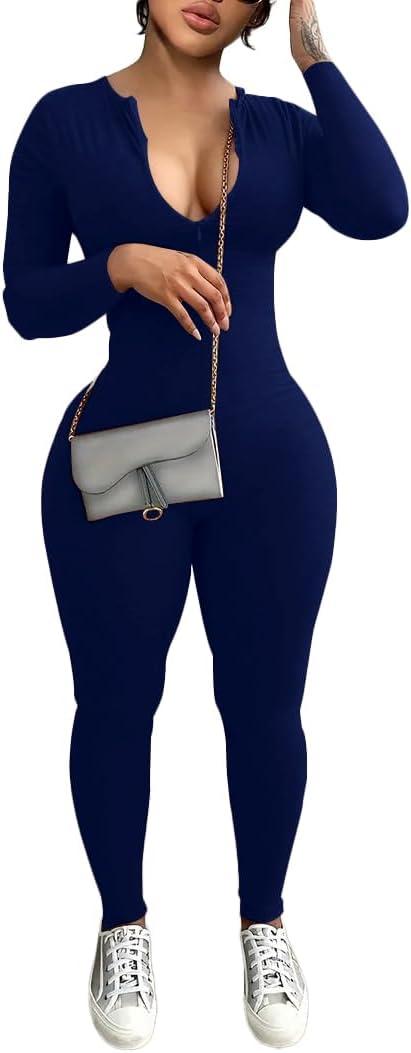 YeGine Women Long Sleeve Bodycon Jumpsuit Sexy Rompers One Piece Zip Up jumpsuits (Medium, 9-navy Blue)