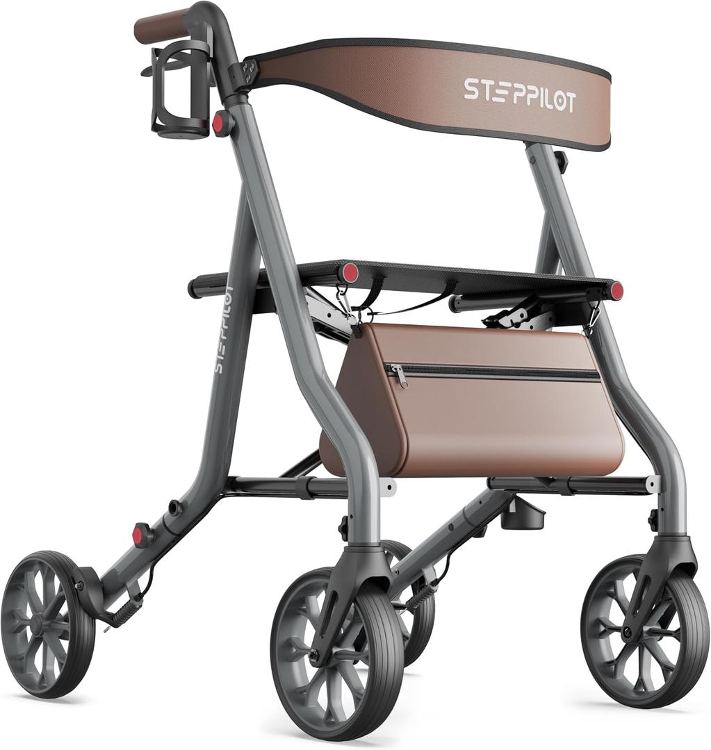 Zero Wobble Rollator Walker with Seat for Seniors, 350lb Capacity, 18" Extra Wide Seat, 8" Wheels & Dual Brake, One-Hand Folds to 9.6", 7-Level Handle Adjustable, Cup Holder & Cane Clip