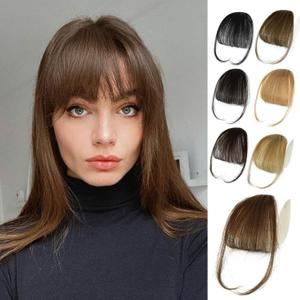 NAYOO Bangs Hair Clip - Medium Brown Fake Bangs 100% Real Human Hair Extensions Wispy Bangs for Women Fringe with Temples Hairpieces Curved Bangs for Daily Wear