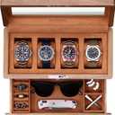 ROTHWELL 4-Slot Solid Walnut Watch Box with Valet Drawer - Premium Jewelry Display Case Organizer with Locking Glass Top and Microsuede Liner for Men & Women (Tan Interior)