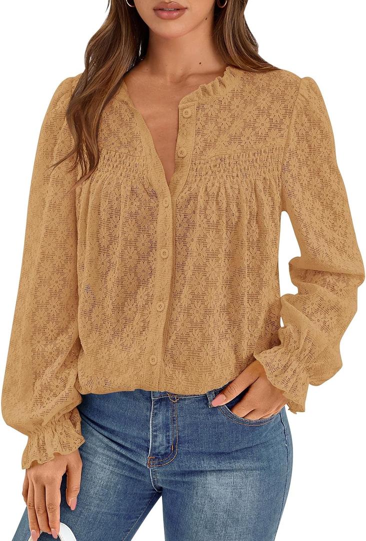 PRETTYGARDEN Lace Long Sleeve Shirts Casual Button Down Going Out Tops Hollow Out Eyelet Blouses 2026 Spring Fashion Clothing(Khaki,Large)