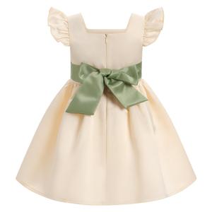 Baby Flower Girl Satin Formal Wedding Dress Flutter Sleeve Contrast Color Bowknot Infant First Communion Christening Baptism Clothes Toddler 1st Birthday Pageant Party Frock Apricot 18-24 Months