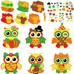chiazllta 30 Packs Fall Craft Thanksgiving Owl DIY Art Craft with Fall Autumn Leaves Pumpkins Stickers Make Your Own Owl Set for Home Game Activities