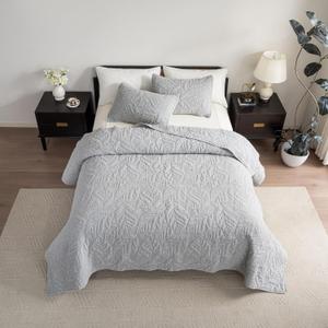 TEXTURE & LOOMS Cotton Quilt Queen Size Gray Bedding Set, Vintage Washed 3-Piece Cozy Lightweight Stitching Decorative Bedding Cover Coverlet Set with 2 Shams in Leaf Pattern for All Season,  Gray-leaf, Queen