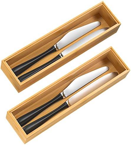 VeyFey Silverware Tray for Drawer, Stackable Kitchen Bamboo Drawer Organizer 12" x 3" x 2" Set of 2