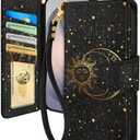 Toycamp for Samsung Galaxy S26 Ultra Wallet Case with Wrist Strap - Leather Flip Folio Phone Case with RFID Blocking 4 Card Slots Galaxy S26 Ultra Funda Cute Aesthetic for Women Lady, Black Sun Moon