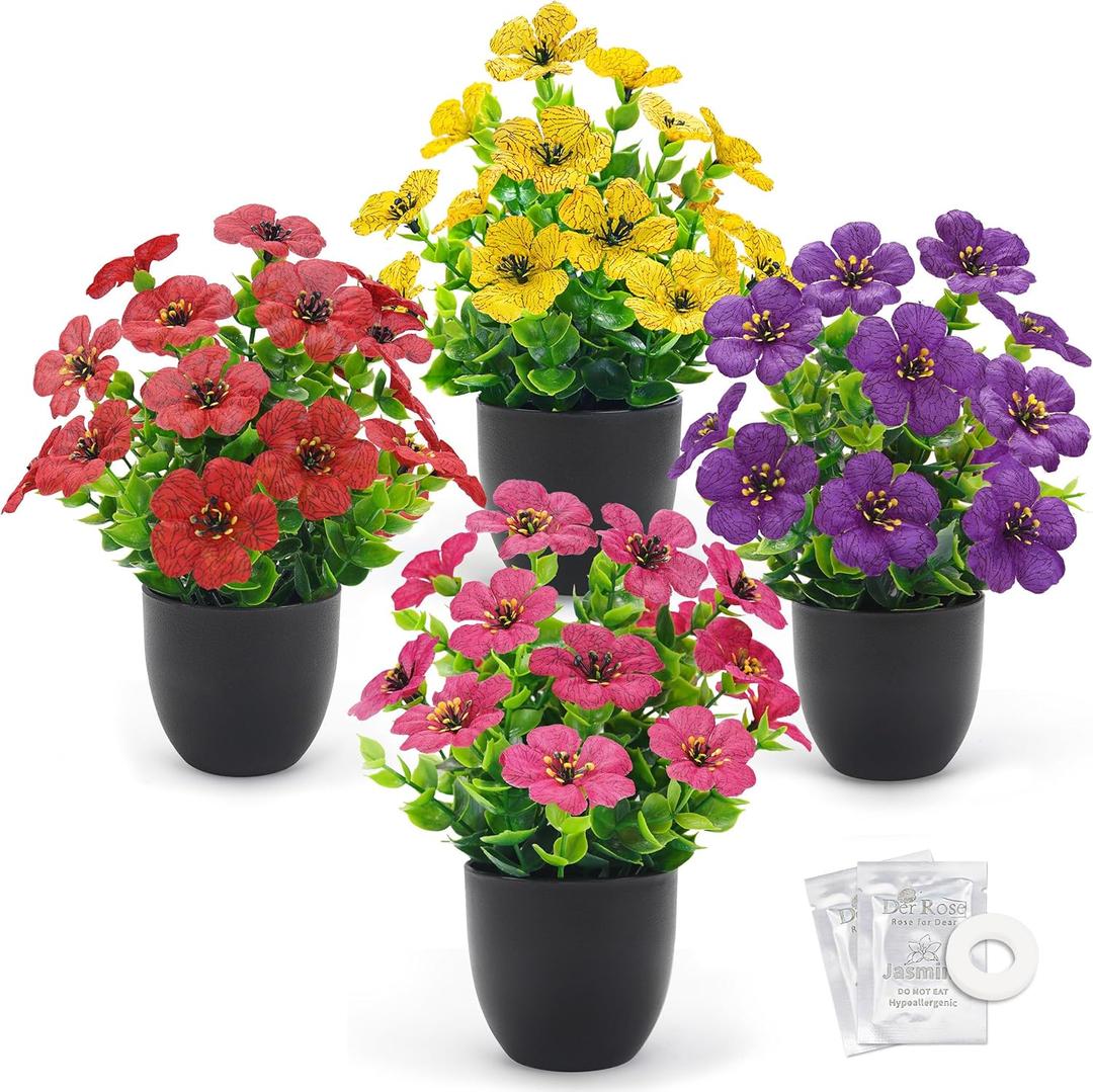 Der Rose 4 Pack Small Fake Plants with Fragrance Discs Spring Faux Flowers in Black Pots Artificial Plants Indoor for Bathroom Room Office Desk Decor