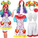 6 Pcs Clown Costume Set Women Circus Dress Rainbow Clown Wig Headband Nose Shorts Gloves for Halloween Cosplay (M)