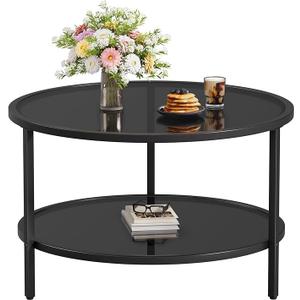 SAYGOER 27.6'' Round Coffee Table 2 Tier Black Glass Coffee Tables with Storage Shelf for Large or Small Space Modern Simple Sofa Table for Living Room Home Office, Easy Assembly