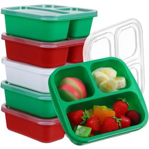 Honeydak 5 Pack Snack Containers 3 Compartment Bento Snack Boxes Divided Meal Prep Containers with Lids Reusable Adults Lunch Food Storage Box for School Work Travel(Christmas Color)