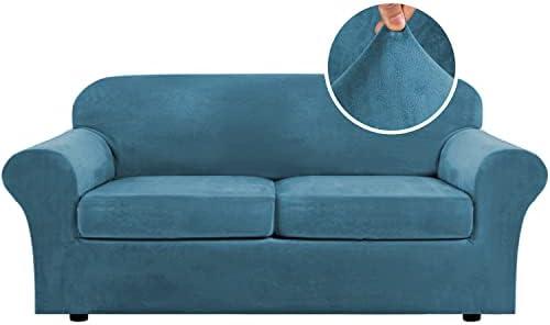 H.VERSAILTEX Real Velvet Plush 3 Piece Stretch Sofa Covers Couch Covers for 2 Cushion Couch Sofa Slipcovers Width Up to 90 Inch Feature Thick Soft Stay in Place (Large Sofa, Peacock Blue)